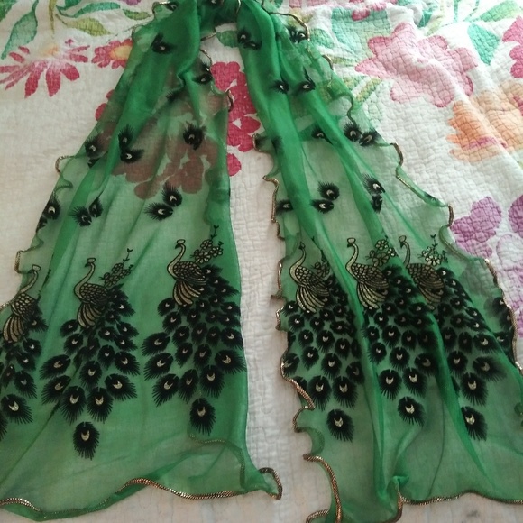 Accessories - Emerald Green Peacock Scarf with Gold Trim